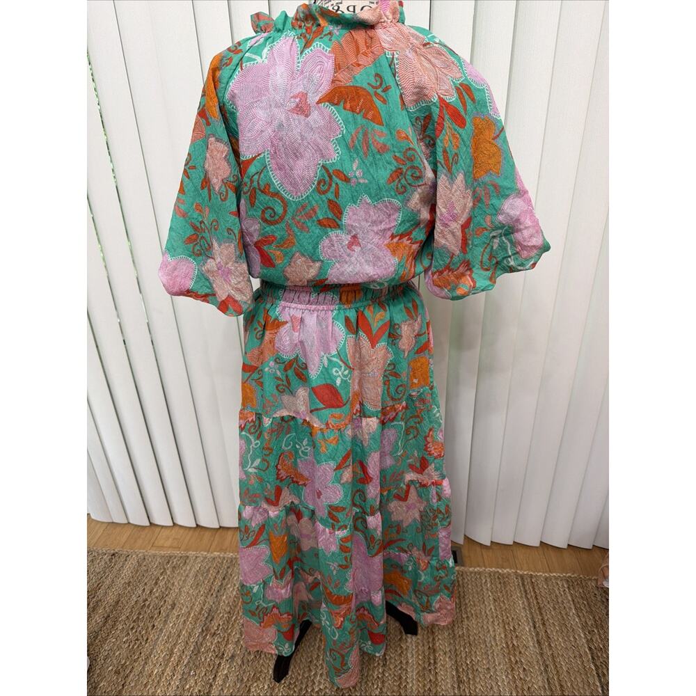 THML Green Floral Boho Maxi Dress W/Blooms Smock Waist Tassel Tie Size S - Picture 3 of 8